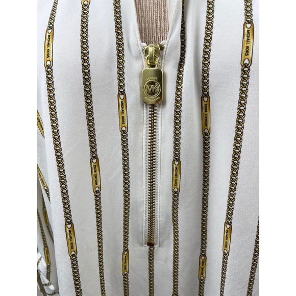 Michael Kors Women's White Chain Print Quarter Zip Long Sleeve Blouse Top M‎ - Picture 2 of 10